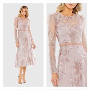 Mac Duggal 68020 NWT Embellished Illusion Long Sleeve Midi Dress in Rose